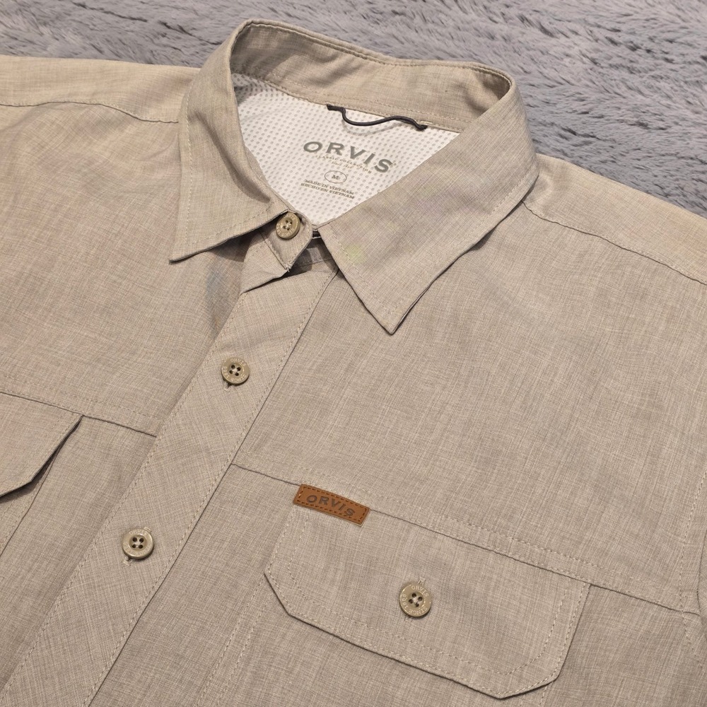 Orvis Mens Short Sleeve Button Down Shirt Tan Khaki Hiking Fishing Medium